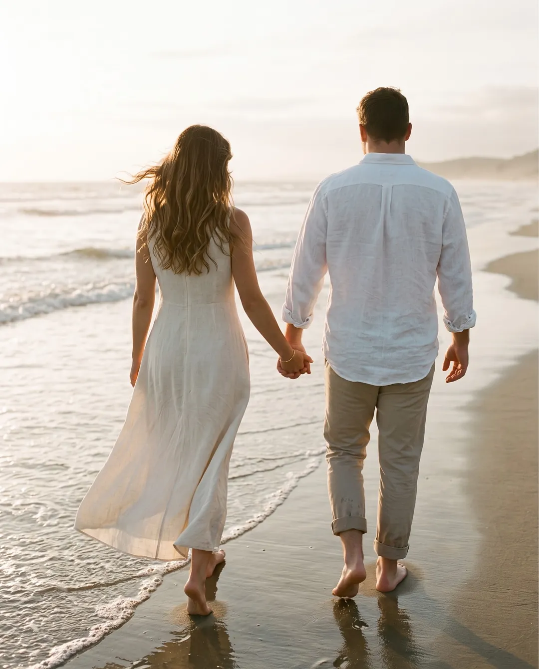 La pareja, de espaldas, camina por la orilla de la playa al atardecer