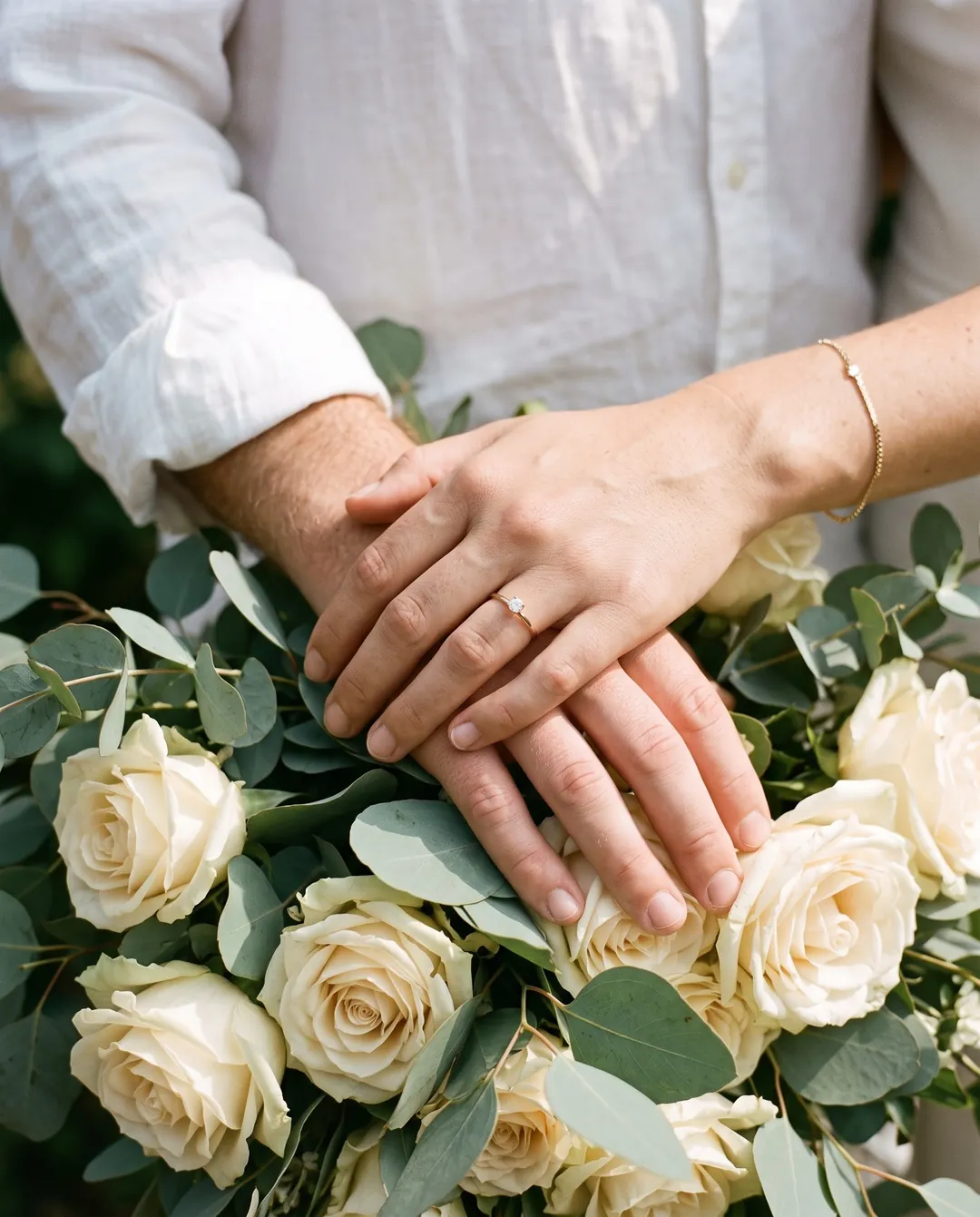 Manos entrelazadas con el anillo de compromiso sobre un ramo de flores